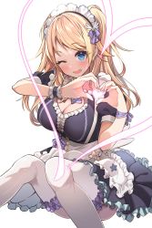 Rule 34 | 1girl, blonde hair, blue eyes, breasts, cleavage, dress, frilled dress, frilled thighhighs, frills, hachimiya meguru, heart, heart hands, highres, idolmaster, idolmaster shiny colors, large breasts, layered skirt, long hair, looking at viewer, maid, maid headdress, one eye closed, open mouth, pinafore dress, puffy short sleeves, puffy sleeves, shirousagi una, short sleeves, simple background, sitting, skirt, sleeveless dress, smile, solo, swept bangs, thighhighs, white background