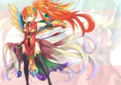 Rule 34 | 1girl, china dress, chinese clothes, dress, elbow gloves, fingerless gloves, gloves, green eyes, leilan (p&amp;d), leiran (p&amp;d), long hair, okeriba, puzzle &amp; dragons, red hair, side ponytail, solo, sword, thighhighs, weapon, wings