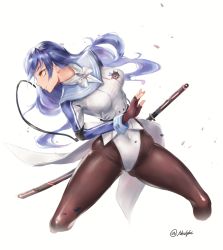 Rule 34 | 1girl, bad id, bad pixiv id, black pantyhose, blue hair, bow, breasts, closed mouth, covered navel, facing viewer, fighting stance, fingerless gloves, floating hair, girls&#039; frontline, gloves, hair between eyes, highleg, hip focus, holding, holding sword, holding weapon, iaidou, iruril, jacket, large breasts, leotard, long hair, looking afar, pantyhose, ready to draw, sheath, sidelocks, solo, sword, tar-21 (girls&#039; frontline), twitter username, very long hair, weapon, white bow, white leotard, wind, wind lift, yellow eyes