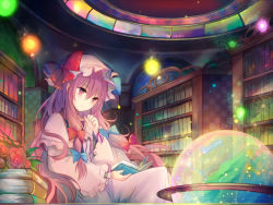 Rule 34 | 1girl, bookshelf, bow, capelet, chair, flower, hair ribbon, hat, hat bow, kazu (muchuukai), library, long hair, long sleeves, mob cap, patchouli knowledge, purple eyes, purple hair, reading, red rose, ribbon, rose, sitting, solo, touhou, tress ribbon, very long hair, wide sleeves