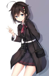 Rule 34 | 1girl, ahoge, arm behind back, bag, belt, belt buckle, black coat, black skirt, blue eyes, blush, braid, brown hair, buckle, buttons, closed mouth, coat, cowboy shot, hair between eyes, hair flaps, hair ornament, hair over shoulder, hairpin, highres, kantai collection, leaning forward, long hair, long sleeves, miniskirt, necktie, official alternate costume, pleated skirt, red necktie, shigure (kancolle), shigure kai ni (kancolle), shoulder bag, single braid, skirt, smile, solo, standing, tareme, two-tone background, v, ym (distance819)