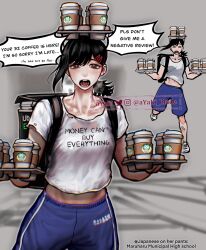 Rule 34 | 1girl, artist name, ayaki blade, backpack, bag, balancing on head, black hair, blue shorts, brown eyes, chainsaw man, clothes writing, coffee cup, commentary, commentary request, crop top, cropped shirt, cup, disposable cup, english commentary, english text, engrish text, hair ornament, hairclip, heavy breathing, higashiyama kobeni, highres, ponytail, ranguage, shirt, shoes, shorts, sneakers, solo, starbucks, t-shirt, torn clothes, torn shirt, twitter username, uber eats, watermark