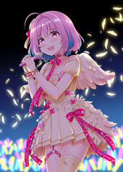 Rule 34 | 1girl, ahoge, alternate costume, angel wings, bare shoulders, black background, blue background, blue hair, blush, choker, clothes writing, cowboy shot, crying, crying with eyes open, dress, fang, feathered wings, feathers, glowstick, gradient background, hair intakes, hair ornament, hair ribbon, hands up, highres, holding, holding microphone, idolmaster, idolmaster cinderella girls, idolmaster cinderella girls starlight stage, legs together, microphone, multicolored hair, neck ribbon, o-ring, o-ring legwear, o-ring thigh strap, open mouth, pink choker, pink eyes, pink hair, pink ribbon, ribbon, short hair, single thighhigh, sleeveless, sleeveless dress, smile, sparkle print, standing, tareme, tears, thigh strap, thighhighs, thighs, tongue, two-tone hair, wings, wireless, yoshikita popuri, yumemi riamu