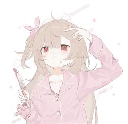 Rule 34 | 1girl, ahoge, alternate costume, arm up, bandaged wrist, bandages, blush, brown hair, collarbone, collared shirt, comb, commentary request, frown, furrowed brow, hair half undone, hair ornament, hand in own hair, hand on own head, hand up, highres, holding, holding comb, long hair, long sleeves, looking up, messy hair, natori sana, nemuri oekaki, one side up, pajamas, pink pajamas, rabbit-shaped buttons, rabbit hair ornament, red eyes, sana channel, shirt, solo, star (symbol), starry background, sweatdrop, upper body, virtual youtuber, white background