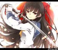 Rule 34 | 10s, 1girl, bad id, bad twitter id, black hair, isokaze (kancolle), kantai collection, katana, letterboxed, long hair, red eyes, shijima (sjmr02), solo, sword, weapon