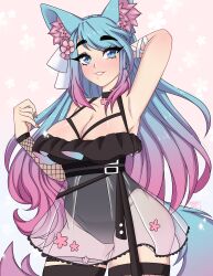 Rule 34 | 1girl, absurdres, animal ear fluff, animal ears, arm behind head, black dress, blue eyes, blue hair, blush, breasts, curvy, dress, eyelashes, fishnet sleeves, fishnets, flower, fluffy, fluffy hair, gradient hair, hair flower, hair ornament, hand in own hair, hand up, highres, indie virtual youtuber, large breasts, long hair, looking at viewer, multicolored hair, octacats, petals, pink hair, pinup (style), see-through, see-through shirt, silvervale, silvervale (5th costume), skirt, smile, tail, thick eyebrows, thick eyelashes, thick thighs, thighs, very long hair, virtual youtuber, wolf ears, wolf tail