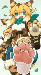 Rule 34 | 1girl, absurdres, animal ears, animal hands, blue shorts, boots, fang, feet, foot focus, furry, furry female, green eyes, heart, highres, looking at viewer, menthako, mia (world flipper), short hair, shorts, skin fang, smell, solo, speech bubble, spoken heart, steam, sweat, tail, tiger ears, tiger girl, tiger tail, unworn boot, unworn boots, world flipper