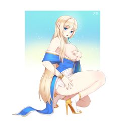 Rule 34 | 1girl, bad id, bad pixiv id, blonde hair, blue dress, blush, bracelet, breasts, clothes pull, commission, covering nipples, covering privates, dress, dress pull, earrings, elf, fantasy, high heels, highres, jewelry, kim jin sung, large breasts, long hair, looking back, off shoulder, open mouth, original, pointy ears, solo, very long hair