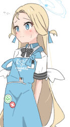 Rule 34 | 1girl, apron, arms behind back, blonde hair, blue apron, blue archive, blue ribbon, blush, bow, closed mouth, clothes writing, collared shirt, commentary request, flying sweatdrops, forehead, grey bow, hair ribbon, halo, highres, kapuru 0410, long hair, low wings, mini wings, parted bangs, ribbon, shirt, simple background, solo, sora (blue archive), striped bow, sweat, very long hair, wavy mouth, white background, white shirt, white wings, wings