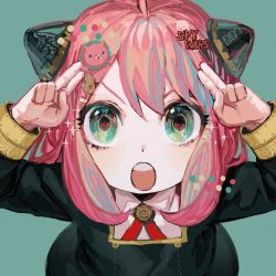 Rule 34 | + +, 1girl, :o, ahoge, animal, anya (spy x family), child, collared shirt, double v, eden academy school uniform, eye reflection, eyelashes, from above, gold trim, green background, green eyes, hair ornament, hairclip, hairpods, highres, long sleeves, looking at viewer, neck ribbon, open mouth, peanut, pink hair, red ribbon, reflection, ribbon, school uniform, shirt, short hair, simple background, solo, sparkle, spy x family, v, v-shaped eyebrows, white shirt, yadu nadu