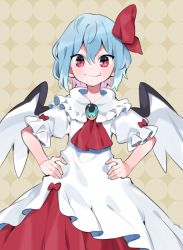 Rule 34 | 1girl, akagashi hagane, ascot, bat wings, blue hair, brooch, commentary request, cowboy shot, dress, fang, fang out, frilled shirt collar, frills, grey background, hair between eyes, hair ribbon, hands on own hips, jewelry, looking at viewer, no headwear, red ascot, red eyes, red ribbon, remilia scarlet, ribbon, short hair, skin fang, solo, standing, touhou, v-shaped eyebrows, white dress, wings