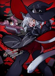 Rule 34 | 122pxsheol, 1girl, :d, absurdres, animal ears, arknights, ass, black gloves, book, boots, chain, eldritch abomination, fang, gloves, hat, haze (arknights), highres, looking at viewer, open mouth, orange eyes, red thighhighs, silver hair, slit pupils, smile, solo, tail, teeth, thigh boots, thighhighs, witch hat