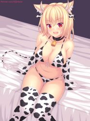 Rule 34 | 1girl, animal ear fluff, animal ears, animal print, arm support, artist name, bell, bikini, blonde hair, breasts, collarbone, commentary, covered erect nipples, cow horns, cow print, cow print bikini, cow tail, cowbell, detached collar, elbow gloves, english commentary, front-tie bikini top, front-tie top, gloves, highres, horns, large breasts, looking at viewer, multicolored clothes, multicolored gloves, multicolored legwear, navel, nottytiffy, original, patreon username, print bikini, red eyes, side-tie bikini bottom, sitting, solo, swimsuit, tail, thighhighs, tiffy (nottytiffy), watermark, web address