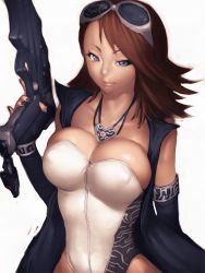 Rule 34 | 1girl, animification, bare shoulders, blue eyes, breasts, brown hair, cleavage, dark-skinned female, dark skin, elbow gloves, escape (go-busters), fumio (rsqkr), gloves, goggles, goggles on head, gun, jewelry, large breasts, leotard, lips, long hair, nail polish, necklace, smile, solo, super sentai, tokumei sentai go-busters, trigger discipline, weapon, zipper