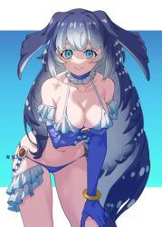 Rule 34 | 1girl, arm under breasts, bare shoulders, bikini, blue background, blue bikini, blue choker, blue eyes, blue gloves, blue hair, blush, breasts, choker, cleavage, collarbone, commentary, cowboy shot, elbow gloves, fins, frilled bikini, frilled choker, frilled gloves, frills, gloves, grey hair, hair between eyes, hand on own knee, head fins, highres, kemono friends, large breasts, leaning forward, long hair, looking at viewer, midriff, multicolored hair, navel, sidelocks, simple background, sleeveless, smile, solo, steller&#039;s sea cow (kemono friends), swimsuit, tail, tanabe (fueisei), thigh strap, white hair