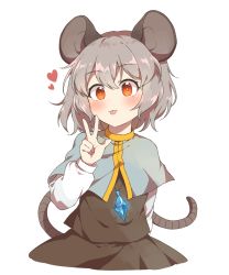 Rule 34 | 1girl, :3, :p, animal ears, arm behind back, black skirt, black vest, blush, capelet, commentary request, cowboy shot, grey capelet, grey hair, hair between eyes, hand up, heart, highres, jewelry, kaoling, long sleeves, looking at viewer, mouse ears, mouse tail, nazrin, partial commentary, pendant, red eyes, shirt, short hair, simple background, skirt, skirt set, smile, solo, tail, tongue, tongue out, touhou, vest, w, white background, white shirt
