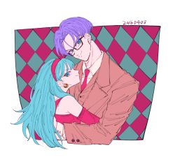 Rule 34 | 1boy, 1girl, 2016, bad id, bad pixiv id, bare shoulders, blue background, blue eyes, blue hair, bra (dragon ball), brother and sister, dated, dragon ball, dragon ball gt, dragonball z, earrings, elbow gloves, formal, glasses, gloves, hairband, head tilt, height difference, jewelry, looking at viewer, looking back, multicolored eyes, necktie, onkywi, orange eyes, outside border, pink background, pink hairband, profile, purple hair, shirt, short hair, siblings, simple background, smile, trunks (dragon ball), trunks (future) (dragon ball), two-tone background, white background, white shirt