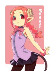Rule 34 | 1girl, black pantyhose, borrowed character, braid, character name, female focus, highres, horns, mamaru, mayoi89g, original, pantyhose, pointy ears, skirt, smile, solo, tail, twin braids