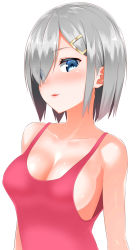 Rule 34 | 10s, 1girl, bare shoulders, blue eyes, blush, breasts, collarbone, eyes visible through hair, hair over one eye, hamakaze (kancolle), highres, kantai collection, lips, medium breasts, no bra, nose blush, parted lips, pink shirt, shiny skin, shirt, short hair, silver hair, solo, tank top, upper body, white background, yasuto (eria151)