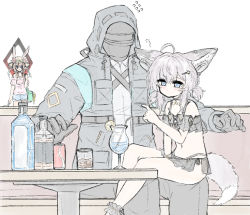 Rule 34 | 1boy, 1girl, ahoge, amiya (arknights), animal ear fluff, animal ears, arknights, behind-the-head headphones, bikini, black bikini, black jacket, blue eyes, blush, cocktail, cocktail glass, cup, doctor (arknights), drinking glass, food, fox ears, fox girl, fox tail, fruit, grey hair, headphones, headphones on animal ears, hood, hood up, hooded coat, hooded jacket, jacket, jokebag, lemon, material growth, navel, off-shoulder bikini, off shoulder, official alternate costume, oripathy lesion (arknights), short twintails, sitting, sitting on lap, sitting on person, size difference, sussurro (arknights), sussurro (summer flower) (arknights), swimsuit, table, tail, twintails