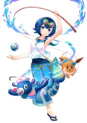 Rule 34 | 1girl, aqua one-piece swimsuit, arm up, armpits, blue eyes, blue footwear, blue hair, blue pants, blue sailor collar, commentary request, creatures (company), dive ball, eevee, feet, fishing rod, flip-flops, game freak, gen 1 pokemon, gen 7 pokemon, goggles, goggles on head, head tilt, holding, holding fishing rod, kutsunohito, lana (pokemon), looking at viewer, nintendo, one-piece swimsuit, pants, poke ball, pokemon, pokemon (anime), pokemon (creature), pokemon sm (anime), popplio, sailor collar, sandals, school swimsuit, shirt, short hair, simple background, smile, standing, standing on one leg, swimsuit, swimsuit under clothes, toes, water, white background, white shirt