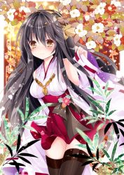 Rule 34 | 10s, 1girl, bad id, bad pixiv id, bare shoulders, black hair, boots, detached sleeves, hair ornament, hairband, hairclip, haruna (kancolle), headgear, japanese clothes, kantai collection, long hair, nanase nao, nontraditional miko, ribbon-trimmed sleeves, ribbon trim, solo, thigh boots, thighhighs