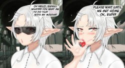 Rule 34 | 1boy, 1girl, :&gt;=, :o, ahoge, alternate hairstyle, bed, blush, breasts, collar, collared shirt, disguise, drooling, eddarxart, elf, english text, fellatio, fellatio gesture, female focus, forehead, furrowed brow, glasses, grey hair, hand gesture, hand up, heart, heart-shaped pupils, hospital bed, imminent fellatio, looking at viewer, marriage proposal, medium hair, mouth drool, mushoku tensei, naughty face, offscreen male, offscreen person, open mouth, oral, parted bangs, piercing, pink lips, pointy ears, red eyes, reverse trap, rudeus greyrat, shirt, small breasts, solo, speech bubble, sunglasses, sylphiette (mushoku tensei), symbol-shaped pupils, talking, tongue, tongue out, tongue piercing, upper body, white hair, white shirt