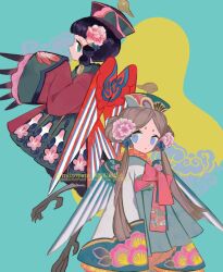Rule 34 | 2girls, aqua background, artist name, bird legs, bird wings, black hair, blue eyes, blunt bangs, brown hair, chinese clothes, closed mouth, commentary, double bun, flower, green eyes, hair bun, hair flower, hair ornament, harpy, hat, l hakase, long hair, long sleeves, looking at viewer, monster girl, multiple girls, multiple wings, original, pink flower, sash, short eyebrows, sideways glance, symbol-only commentary, talons, twintails, watermark, whorled clouds, wide sleeves, winged arms, wings