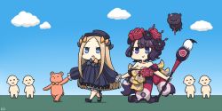 Rule 34 | 2girls, :d, abigail williams (fate), bare shoulders, bow, breasts, calligraphy brush, chibi, cleavage, commentary request, fate/grand order, fate (series), hair bow, hair ornament, hamu koutarou, holding hands, hat, highres, holding, japanese clothes, katsushika hokusai (fate), long hair, multiple girls, octopus, open mouth, paintbrush, ribbed sweater, short hair, smile, stuffed animal, stuffed toy, sweater, teddy bear, walking