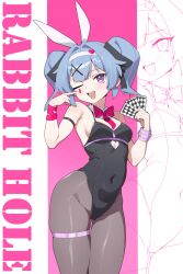 Rule 34 | 1girl, absurdres, animal ears, black leotard, black pantyhose, black ribbon, blue hair, blush, bow, bowtie, breasts, card, clothing cutout, covered navel, hair ornament, hairband, hatsune miku, heart cutout, highres, holding, holding card, leotard, looking at viewer, medium breasts, midsummerw, one eye closed, open mouth, pantyhose, playboy bunny, pure pure (rabbit hole), purple eyes, rabbit ears, rabbit hole (vocaloid), red bow, red bowtie, ribbon, simple background, solo, song name, teardrop facial mark, thigh strap, twintails, vocaloid, x hair ornament
