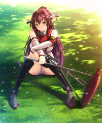 Rule 34 | 10s, 1girl, black socks, blush, breasts, brown hair, cherry blossoms, clothes writing, crotch seam, dappled sunlight, detached sleeves, flower, full body, gradient hair, grass, hair flower, hair intakes, hair ornament, headgear, holding, holding umbrella, huge breasts, kantai collection, kneehighs, long hair, looking at viewer, motion blur, multicolored hair, oil-paper umbrella, on ground, outdoors, panties, pantyshot, pink flower, pink lips, ponytail, red footwear, shade, shadow, shiragi, shoes, single kneehigh, single sock, single thighhigh, sitting, smile, socks, solo, sunlight, tassel, thighhighs, umbrella, underwear, very long hair, white panties, yamato (kancolle), yellow eyes