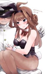 Rule 34 | 1boy, 1girl, admiral (kancolle), ahoge, animal ears, bare shoulders, black leotard, blush, bow, bowtie, breasts, brown hair, brown pantyhose, cleavage, covered navel, detached collar, double bun, embarrassed, fake animal ears, hair bun, hairband, hat, highres, kantai collection, kongou (kancolle), leotard, long hair, lr hijikata, medium breasts, military, military hat, military uniform, naval uniform, pantyhose, peaked cap, playboy bunny, rabbit ears, rabbit tail, shaded face, sitting, sitting on person, strapless, strapless leotard, tail, traditional bowtie, uniform, wrist cuffs