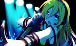 Rule 34 | 1girl, blonde hair, blue eyes, bracelet, fujishiro emyu, headphones, jewelry, lily (vocaloid), long hair, microphone stand, nail polish, open mouth, solo, tattoo, vocaloid