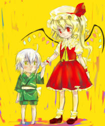 Rule 34 | 1boy, 1girl, age difference, aged down, ahoge, blonde hair, bracelet, child, dress, flandre scarlet, glasses, green dress, hat, hat ribbon, height difference, holding hands, japanese clothes, jewelry, kimono, mob cap, morichika rinnosuke, ono mochiko, red eyes, red ribbon, red skirt, ribbon, shoes, short hair, side ponytail, silver hair, skirt, smile, touhou, white hat, wings, yellow background, yellow eyes, yukata