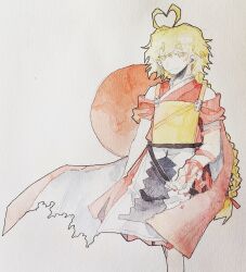 Rule 34 | 1other, aaayamitsu, absurdres, androgynous, antenna hair, belt, black belt, blonde hair, blood, blood on clothes, bow, braid, cape, chinese commentary, closed mouth, commentary request, hair bow, heart antenna hair, highres, japanese clothes, kimono, len&#039;en, long hair, ooama no ake no mitori, other focus, painting (medium), red bow, red kimono, sleeveless, sleeveless kimono, smile, torn cape, torn clothes, traditional media, twin braids, two-sided cape, two-sided fabric, watercolor (medium), yellow eyes