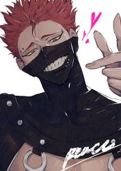Rule 34 | 1boy, black clover, black mask, blue eyes, eyebrow piercing, hair strand, highres, looking at viewer, male focus, mask, mouth mask, open mouth, oss21, piercing, red hair, sharp teeth, short hair, simple background, smile, solo, teeth, white background, zora ideale