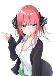 Rule 34 | 1girl, :&gt;, black cardigan, black ribbon, blue eyes, blunt bangs, blush, breasts, butterfly hair ornament, cardigan, cleavage, collarbone, go-toubun no hanayome, green skirt, hair ornament, highres, large breasts, looking at viewer, nakano nino, open cardigan, open clothes, pink hair, ribbon, shirt, simple background, skirt, sleeves past wrists, smile, tented shirt, tongue, tongue out, twintails, v, white background, white shirt, yudetama