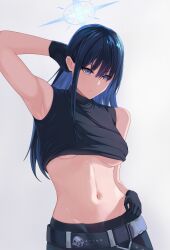Rule 34 | 1girl, absurdres, arm up, armpits, bare arms, bare shoulders, belt, black belt, black gloves, black pants, black shirt, blue archive, blue eyes, blue hair, breasts, commentary, crop top, gloves, grey background, highres, hikkio, large breasts, long hair, looking at viewer, midriff, navel, no headwear, pants, parted lips, saori (blue archive), shirt, simple background, sleeveless, sleeveless shirt, solo, stomach, underboob, upper body