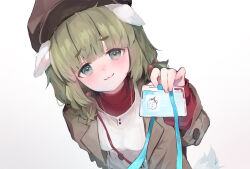 Rule 34 | 1girl, :3, animal ears, arm behind back, blue archive, breasts, brown coat, brown hat, card, closed mouth, coat, commentary request, doodle sensei (blue archive), green eyes, green hair, hair bobbles, hair ornament, hat, highres, holding, holding card, id card, leaning forward, looking at viewer, medium breasts, medium hair, open clothes, open coat, red shirt, sensei (blue archive), shirt, simple background, smile, solo, suguri nojo, undershirt, upper body, white background, white shirt, yakumo (blue archive)