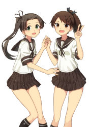 Rule 34 | 10s, 2girls, :d, ayanami (kancolle), brown eyes, brown hair, green eyes, hair ribbon, hakui ami, highres, holding hands, kantai collection, long hair, looking at viewer, multiple girls, open mouth, personification, ponytail, ribbon, school uniform, serafuku, shikinami (kancolle), short hair, side ponytail, simple background, skirt, smile, v, white background