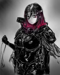 Rule 34 | 1girl, armor, armored bodysuit, bags under eyes, black bodysuit, black cape, black hair, bodysuit, breasts, cape, cleavage, closed mouth, covered navel, dog tags, elysion harper (nikke), frown, geist43195783, goddess of victory: nikke, highres, holding, large breasts, medium hair, red eyes, see-through, see-through cleavage, shoulder armor, solo, torn cape, torn clothes