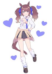 Rule 34 | 1girl, 51likes, absurdres, alternate costume, animal ears, black eyes, black skirt, blue necktie, blush, breasts, brown footwear, brown hair, clothes around waist, collar, collared shirt, full body, heart, highres, horse ears, horse girl, horse tail, jewelry, loafers, miniskirt, multicolored nails, necktie, open mouth, reaching, reaching towards viewer, ring, scrunchie, shirt, shoes, skirt, sleeves rolled up, small breasts, smile, socks, solo, tail, tosen jordan (umamusume), twintails, umamusume, w, white background, white shirt, white socks, wrist scrunchie