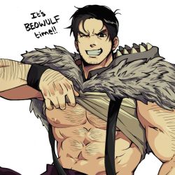 Rule 34 | 1boy, beowulf (skullgirls), black hair, clothes lift, facial hair, forked eyebrows, fur trim, hairy, izukuxo, male focus, muscular, muscular male, nipples, one eye closed, pelt, shirt lift, short hair, skullgirls, smile, solo, stubble, suspenders, white background