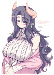 Rule 34 | 1girl, akatsuki francesca, aran sweater, black hair, blush, breasts, brown hair, cable knit, demon girl, detached sleeves, earrings, halterneck, horns, huge breasts, jewelry, large breasts, long hair, mature female, mel/a, original, pointy ears, red eyes, shawl, simple background, smile, solo, sweater