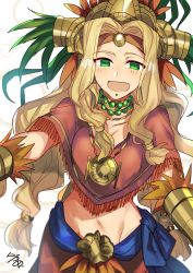 Rule 34 | 1girl, :d, artist name, blonde hair, circlet, fang, fate/grand order, fate (series), green eyes, half-closed eyes, headdress, highres, long hair, looking at viewer, nikame, open mouth, quetzalcoatl (fate), signature, smile, solo, upper body, wavy hair