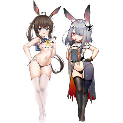 Rule 34 | 2girls, aged down, ahoge, amiya (arknights), animal ear fluff, animal ears, arknights, bikini, black bikini, black dress, black gloves, black legwear, blue eyes, breasts, brown hair, chinese commentary, commentary request, dress, finger to mouth, frostnova (arknights), full body, gloves, groin, hair ornament, hair over one eye, hairclip, hand on own hip, hand to own mouth, highres, kuroshiroemaki, legs, long hair, multiple girls, navel, open clothes, open dress, open mouth, ponytail, rabbit ears, red eyes, see-through, shirt, short hair, side-tie bikini bottom, silver hair, simple background, sleeveless, sleeveless dress, sleeveless shirt, small breasts, smile, swimsuit, thigh gap, thighhighs, thighs, tongue, tongue out, white background, white legwear