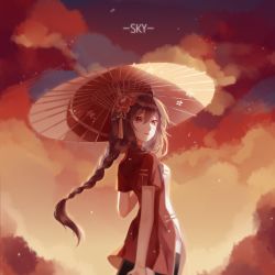 Rule 34 | 1girl, absurdres, black thighhighs, braid, brown eyes, brown hair, floating hair, from below, hair between eyes, highres, holding, holding umbrella, long hair, looking at viewer, looking back, oil-paper umbrella, parted lips, red umbrella, short sleeves, single braid, smile, solo, standing, thighhighs, umbrella, very long hair, vocaloid, vocanese, yuezheng ling