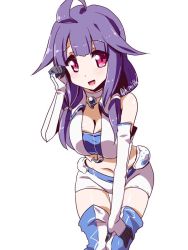 Rule 34 | 10s, 1girl, ahoge, breasts, cleavage, crop top, elbow gloves, gloves, kantai collection, leaning forward, long hair, looking at viewer, low twintails, magatama, midriff, miuku (marine sapphire), navel, open mouth, purple hair, race queen, red eyes, shiny skin, shorts, simple background, smile, solo, taigei (kancolle), thigh gap, thighhighs, twintails