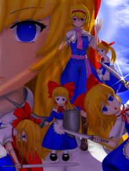 Rule 34 | 1girl, :o, absurdres, alice margatroid, apron, arm up, blonde hair, blue eyes, blue sky, bow, capelet, cloud, doll joints, dress, dual wielding, female focus, glint, goliath doll, hair bow, hair tubes, highres, holding, jewelry, joints, knife, lance, leaning, leaning forward, lens flare, long hair, looking at viewer, mary janes, neck ribbon, on shoulder, open hand, polearm, redoredo (godprogress), ribbon, ring, sash, shanghai doll, shield, shoes, short hair, sidelocks, sky, solo, sword, touhou, twintails, waist apron, weapon