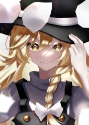 Rule 34 | 1girl, absurdres, black dress, black hat, blonde hair, bow, braid, buttons, closed mouth, dress, frills, grey background, hair between eyes, hair bow, hand on headwear, hand up, hat, hat bow, highres, kirisame marisa, long hair, looking at viewer, puffy short sleeves, puffy sleeves, rie inthanin, shirt, short sleeves, simple background, single braid, smile, solo, star (symbol), star in eye, symbol in eye, touhou, white bow, white shirt, witch hat, yellow eyes